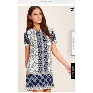 Lulus Marketplace Blue Shift Dress (Ivory/Blue)